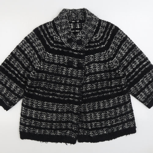 Mia Moda Womens Black V-Neck Striped Acrylic Cardigan Jumper Size L