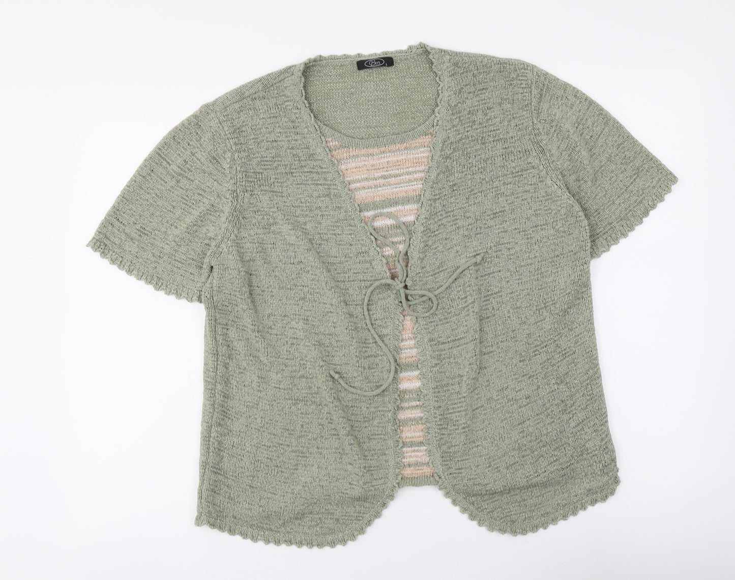 BM Womens Green Round Neck Striped Acrylic Henley Jumper Size L