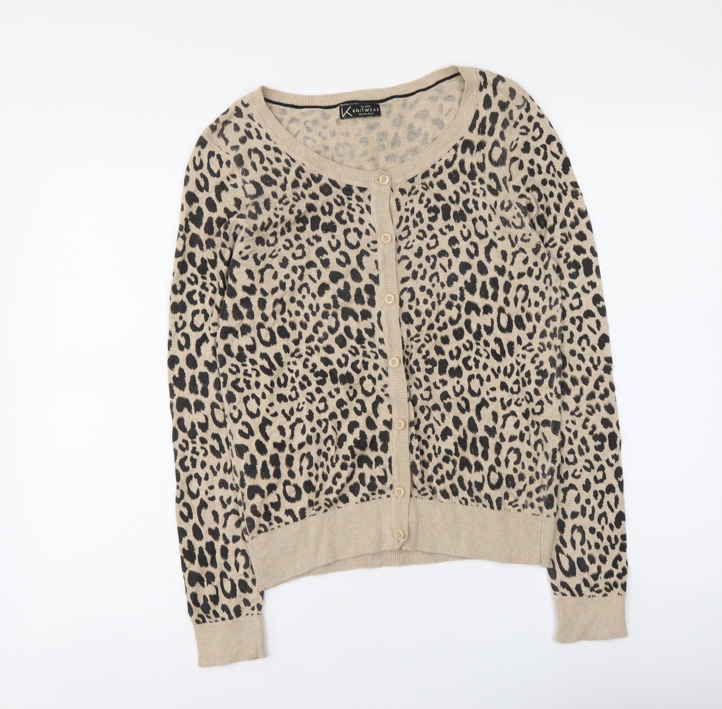 New Look Womens Beige Round Neck Animal Print Cotton Cardigan Jumper Size 14 - Leopard Print