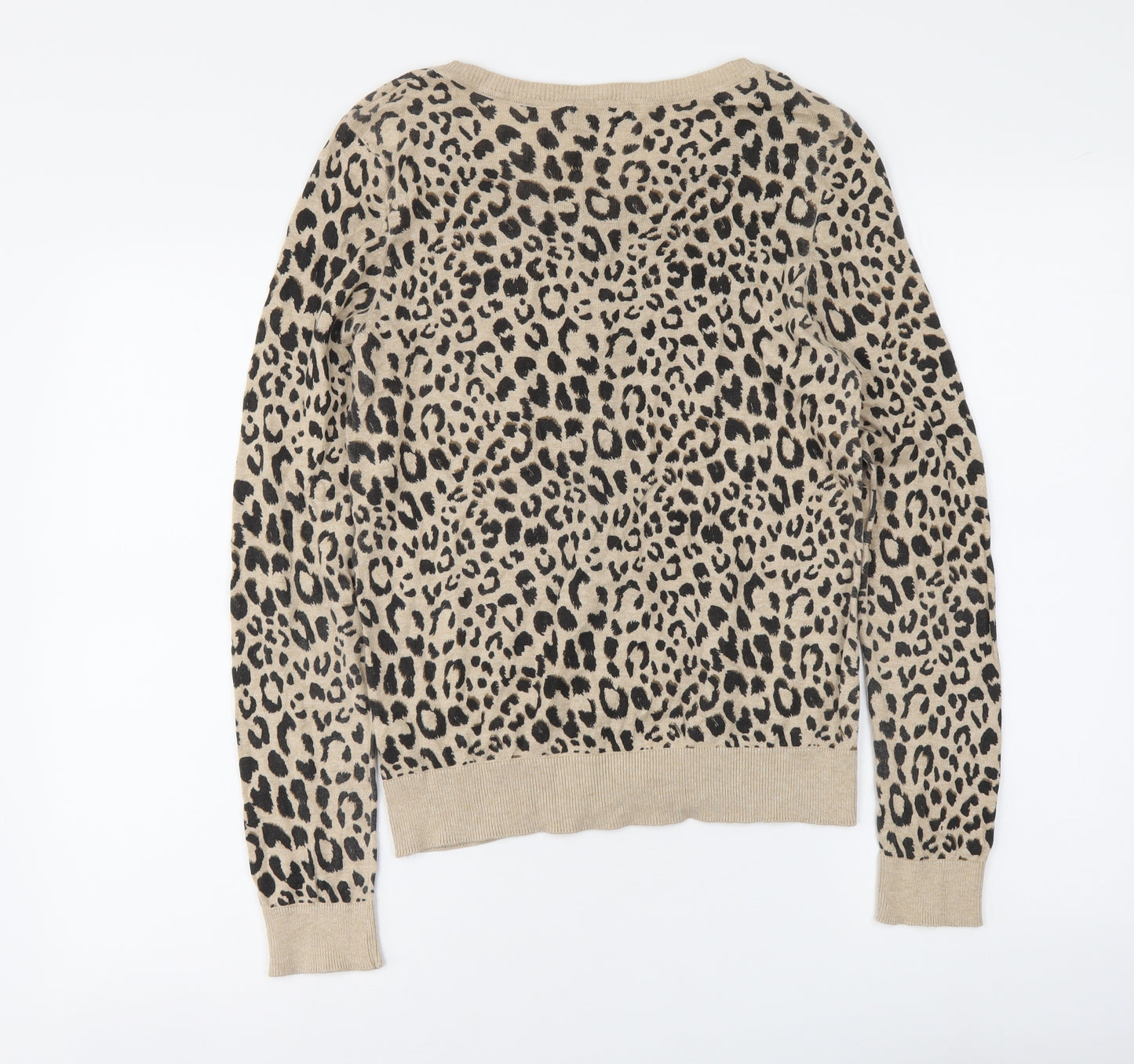 New Look Womens Beige Round Neck Animal Print Cotton Cardigan Jumper Size 14 - Leopard Print