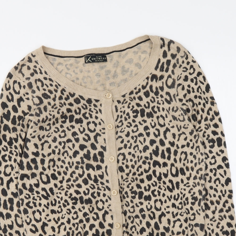 New Look Womens Beige Round Neck Animal Print Cotton Cardigan Jumper Size 14 - Leopard Print