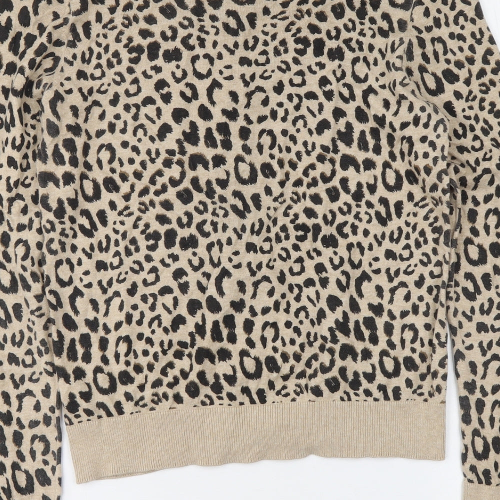 New Look Womens Beige Round Neck Animal Print Cotton Cardigan Jumper Size 14 - Leopard Print