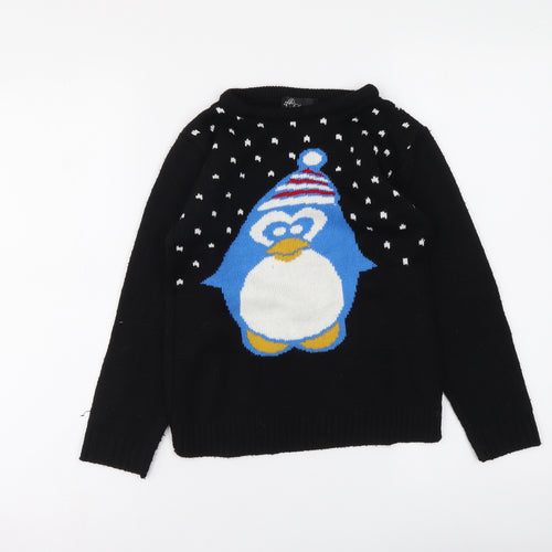 Lovell Girls Black Round Neck Acrylic Pullover Jumper Size 7-8 Years Pullover - Penguin
