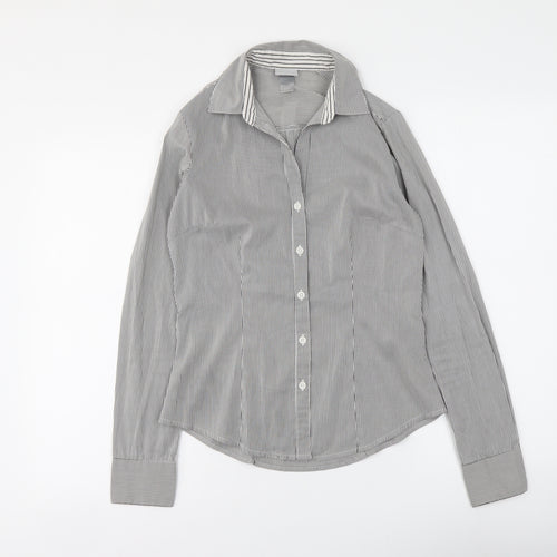 H&M Womens Grey Striped Polyester Basic Button-Up Size XS Collared