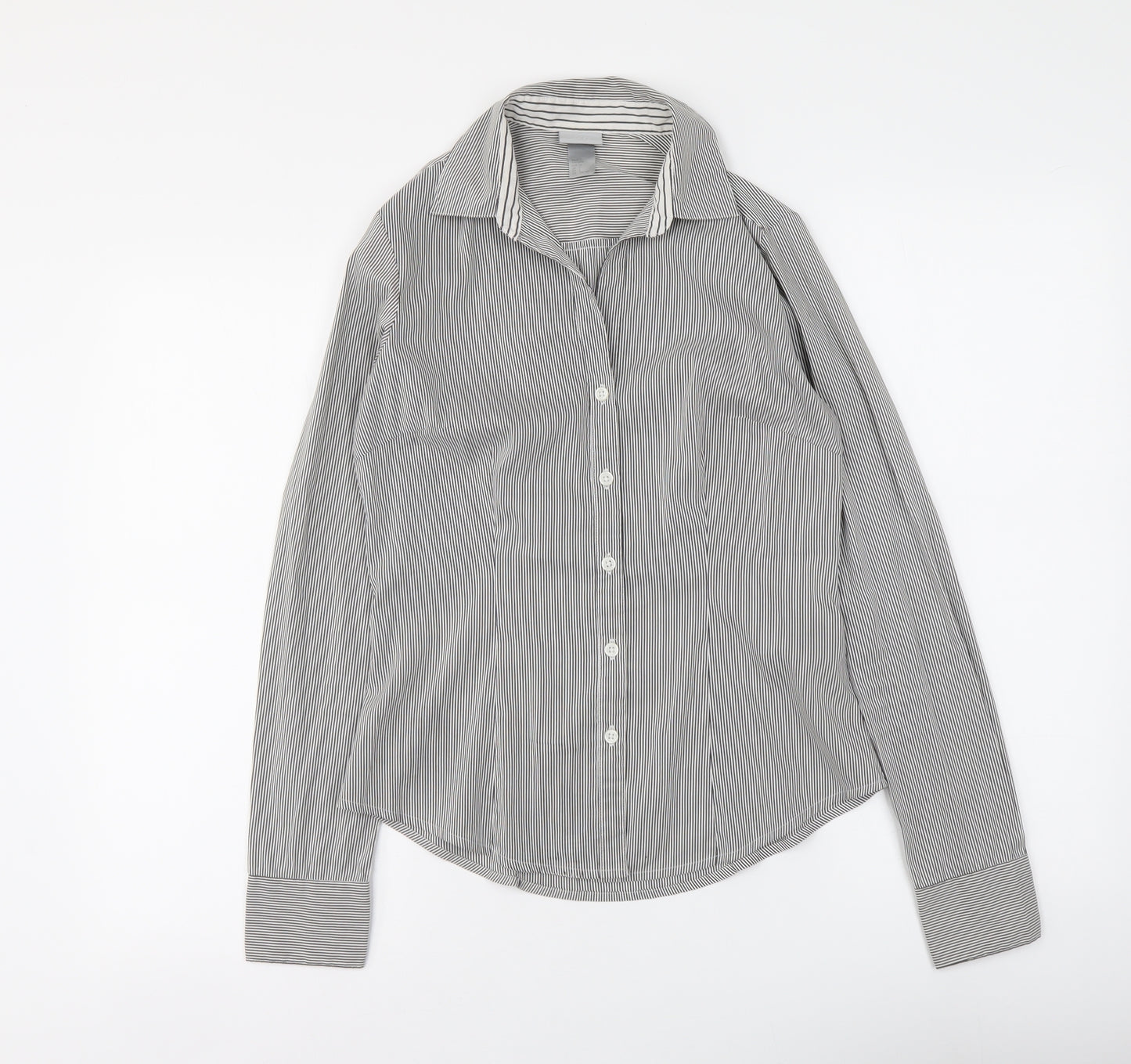 H&M Womens Grey Striped Polyester Basic Button-Up Size XS Collared