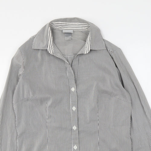 H&M Womens Grey Striped Polyester Basic Button-Up Size XS Collared