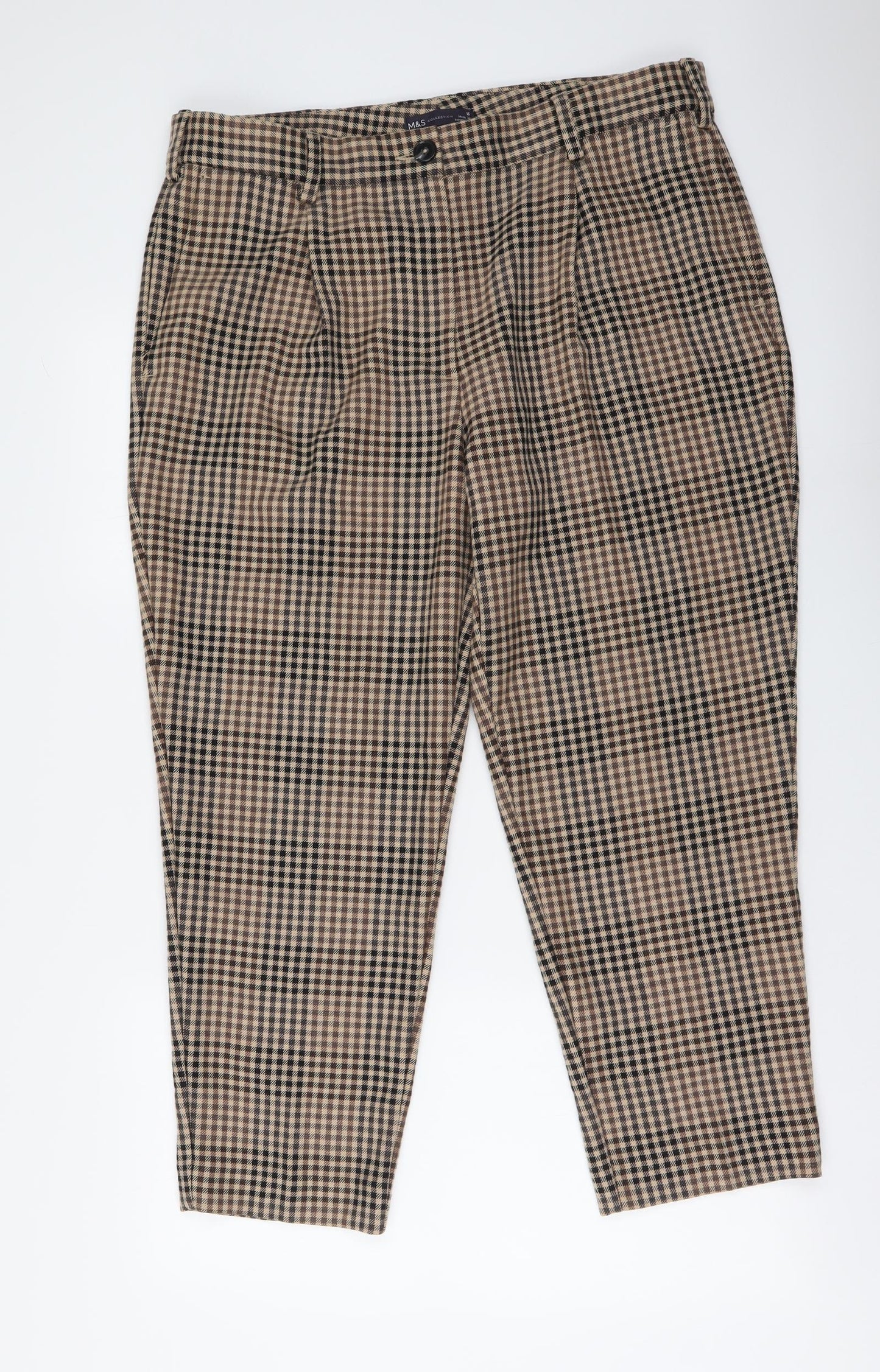 Marks and Spencer Womens Beige Check Polyester Cropped Trousers Size 16 L25 in Regular Button