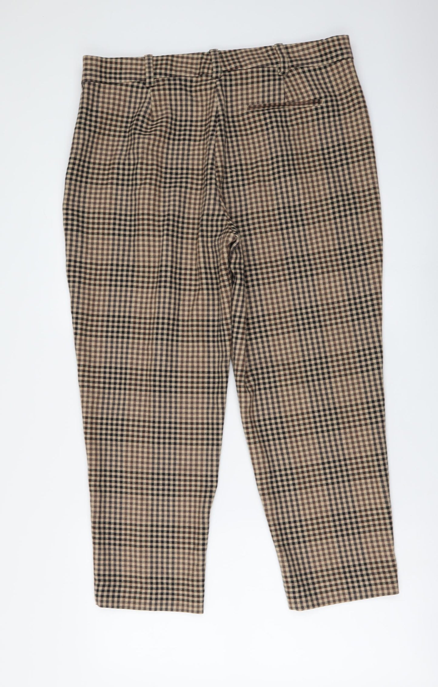 Marks and Spencer Womens Beige Check Polyester Cropped Trousers Size 16 L25 in Regular Button