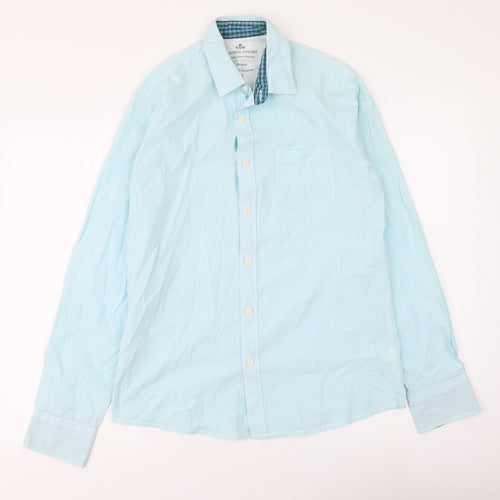 Easy Mens Blue Striped Cotton Button-Up Size S Collared Button
