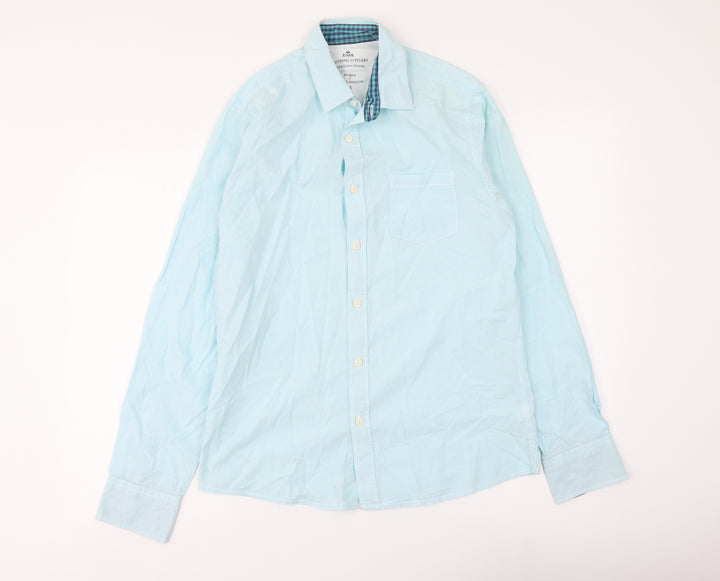 Easy Mens Blue Striped Cotton Button-Up Size S Collared Button