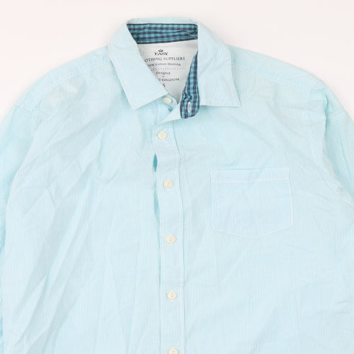 Easy Mens Blue Striped Cotton Button-Up Size S Collared Button