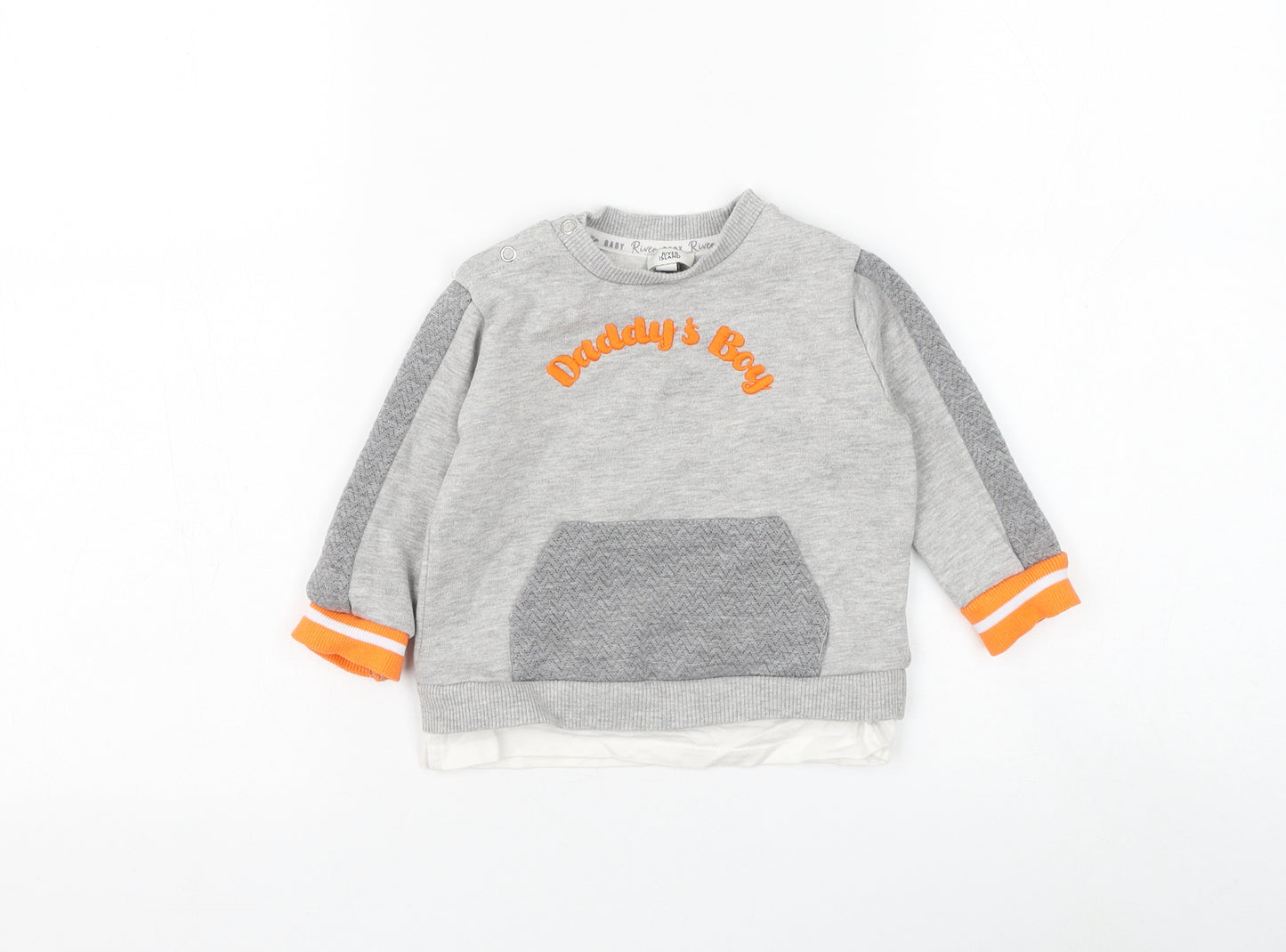 River Island Boys Grey Cotton Pullover Jumper Size 9-12 Months Button - Daddy's Boy