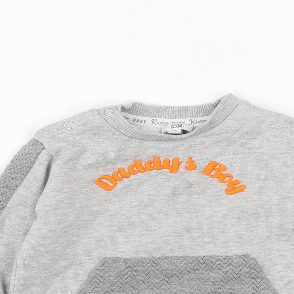 River Island Boys Grey Cotton Pullover Jumper Size 9-12 Months Button - Daddy's Boy