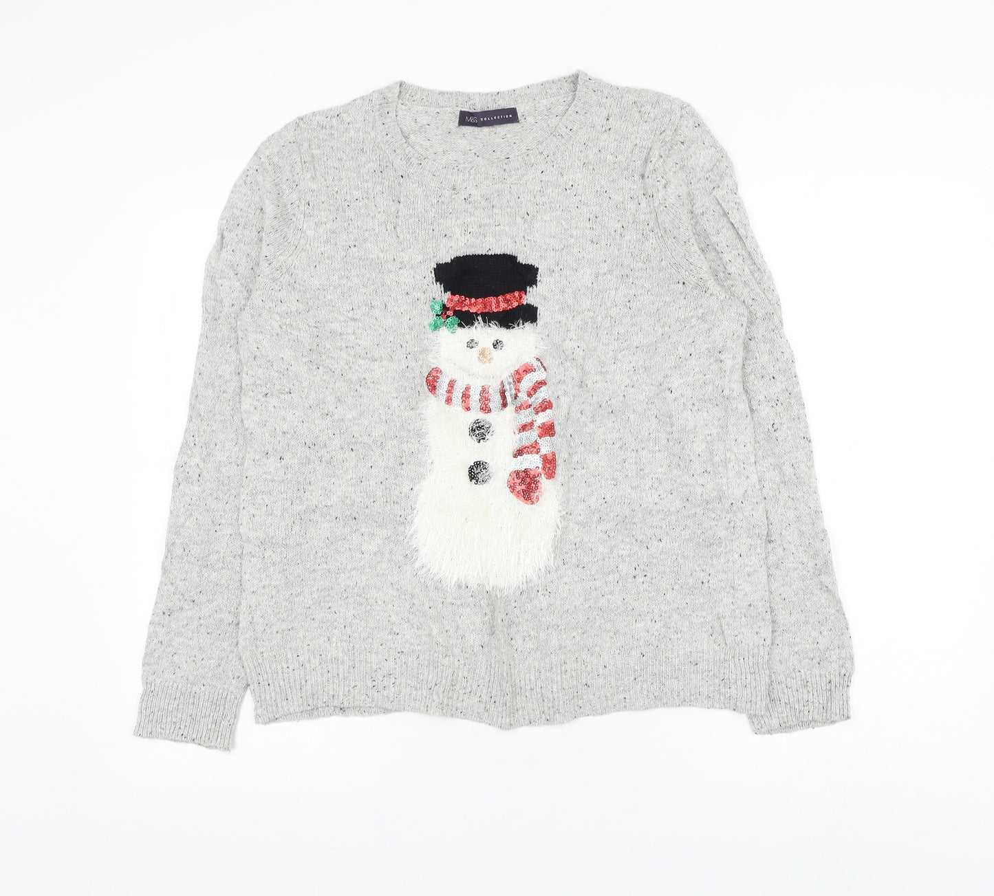 Marks and Spencer Womens Grey Round Neck Cotton Pullover Jumper Size 12 - Christmas Snowman