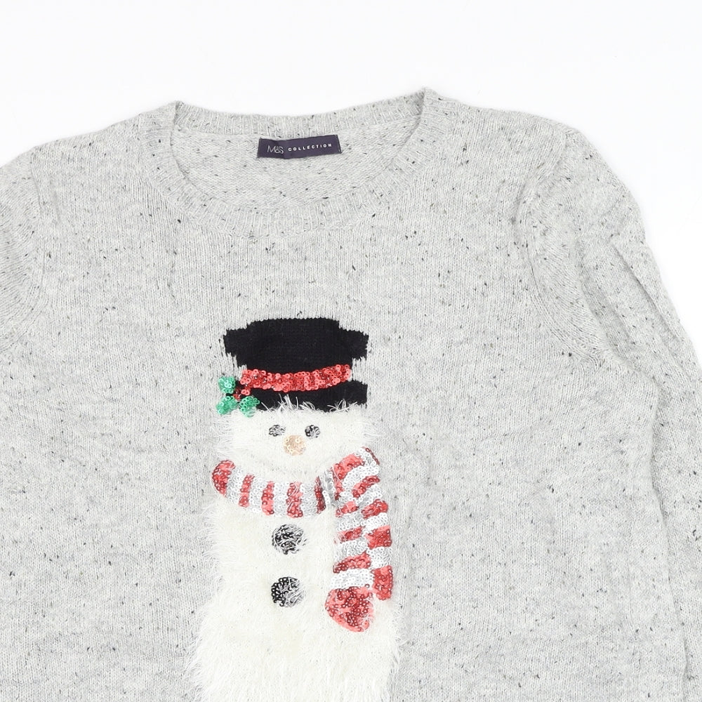 Marks and Spencer Womens Grey Round Neck Cotton Pullover Jumper Size 12 - Christmas Snowman
