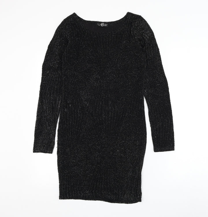 Must Womens Black Geometric Polyester Bodycon Size S Round Neck Pullover