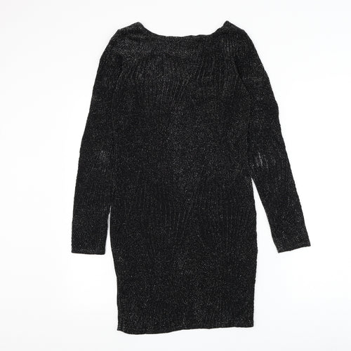 Must Womens Black Geometric Polyester Bodycon Size S Round Neck Pullover