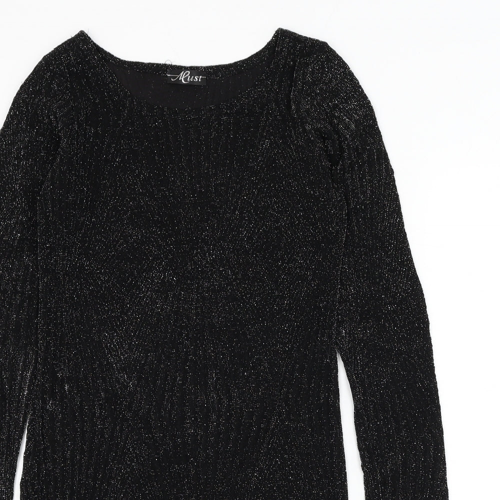 Must Womens Black Geometric Polyester Bodycon Size S Round Neck Pullover