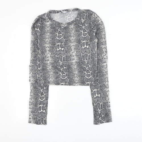 Zara Womens Grey Animal Print Viscose Basic Blouse Size S Round Neck - Snake Print