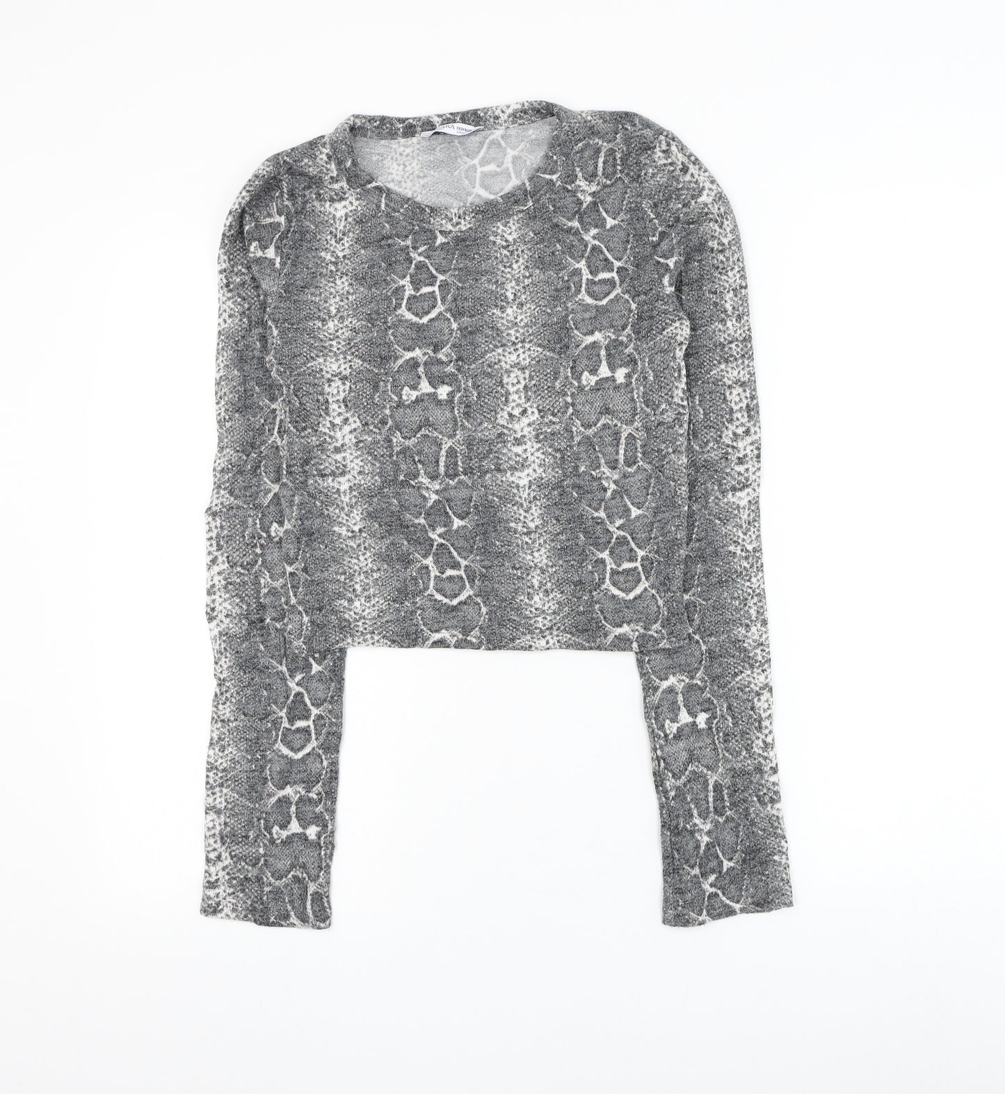 Zara Womens Grey Animal Print Viscose Basic Blouse Size S Round Neck - Snake Print