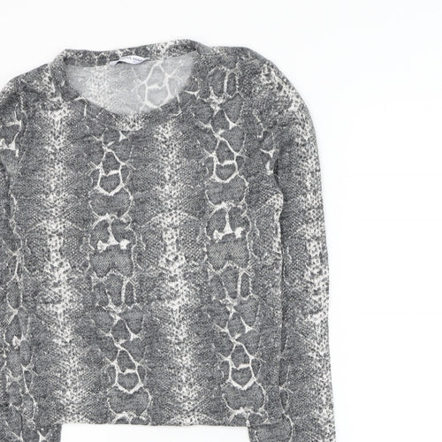 Zara Womens Grey Animal Print Viscose Basic Blouse Size S Round Neck - Snake Print