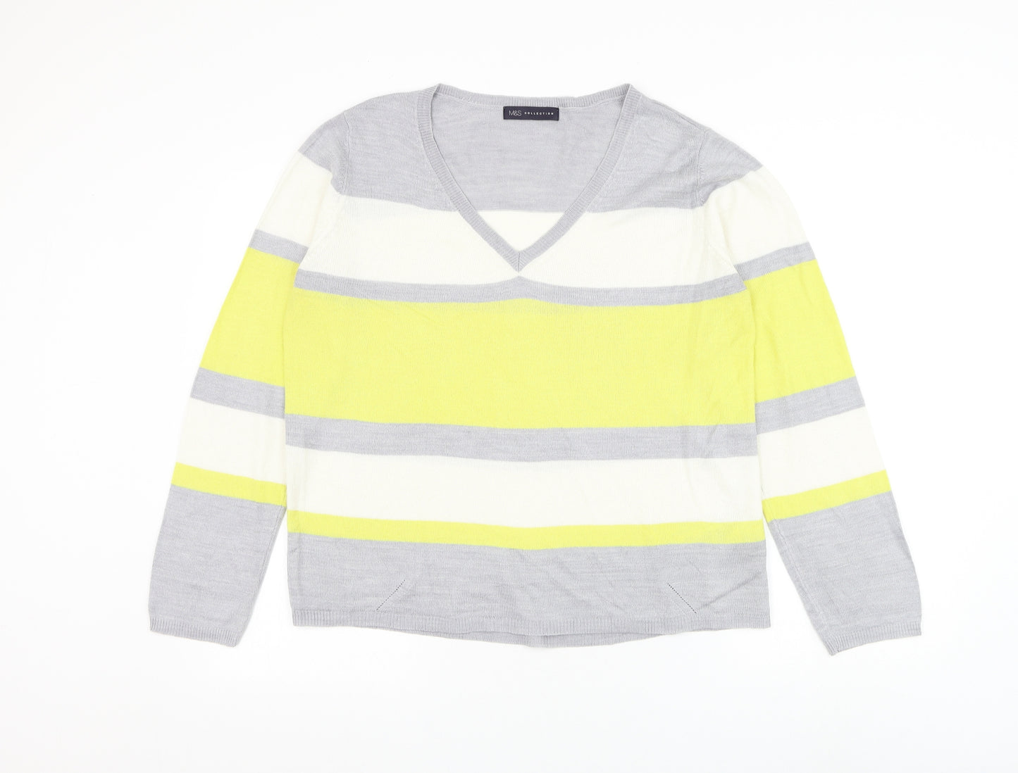 Marks and Spencer Womens Multicoloured V-Neck Striped Acrylic Pullover Jumper Size 14