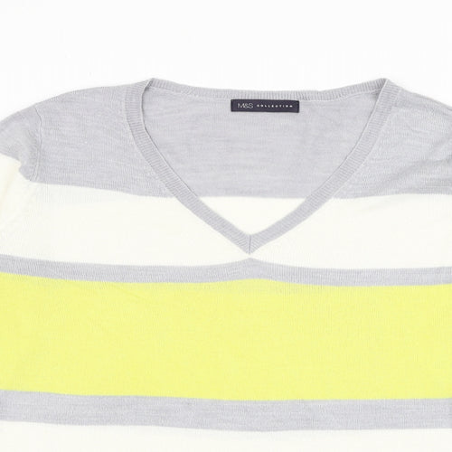 Marks and Spencer Womens Multicoloured V-Neck Striped Acrylic Pullover Jumper Size 14