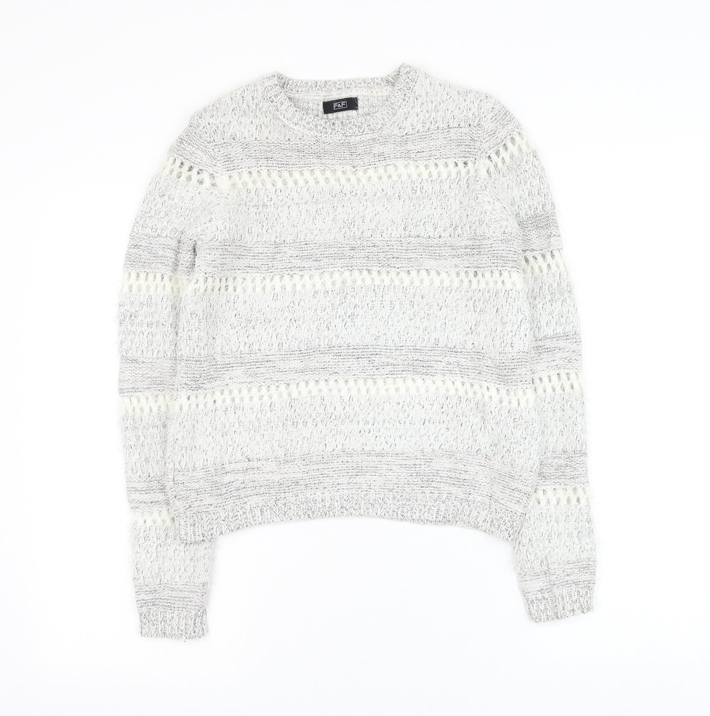 F&F Womens Grey Round Neck Striped Acrylic Pullover Jumper Size 6