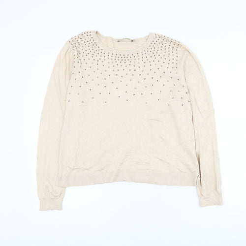 Oasis Womens Beige Round Neck Cotton Pullover Jumper Size L