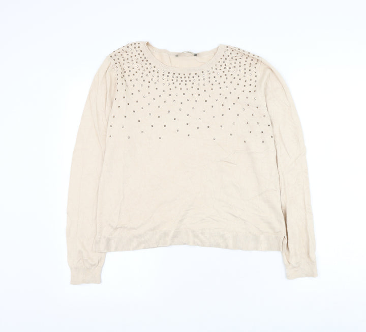 Oasis Womens Beige Round Neck Cotton Pullover Jumper Size L