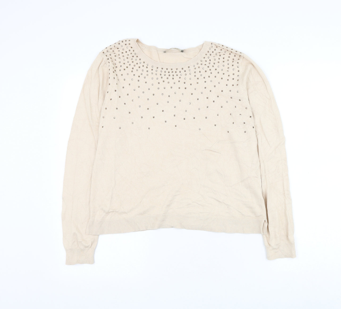 Oasis Womens Beige Round Neck Cotton Pullover Jumper Size L