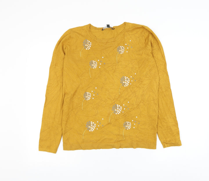 Bonmarché Womens Yellow Round Neck Floral Viscose Pullover Jumper Size 12