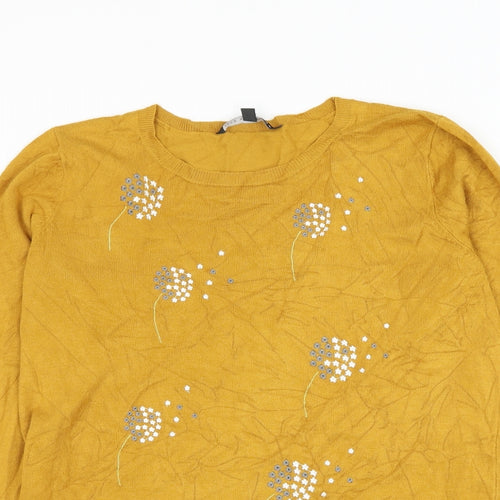Bonmarché Womens Yellow Round Neck Floral Viscose Pullover Jumper Size 12