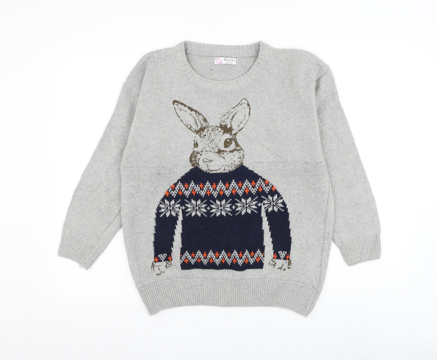 Shikha Mens Grey Round Neck Cotton Pullover Jumper Size M - Rabbit Christmas