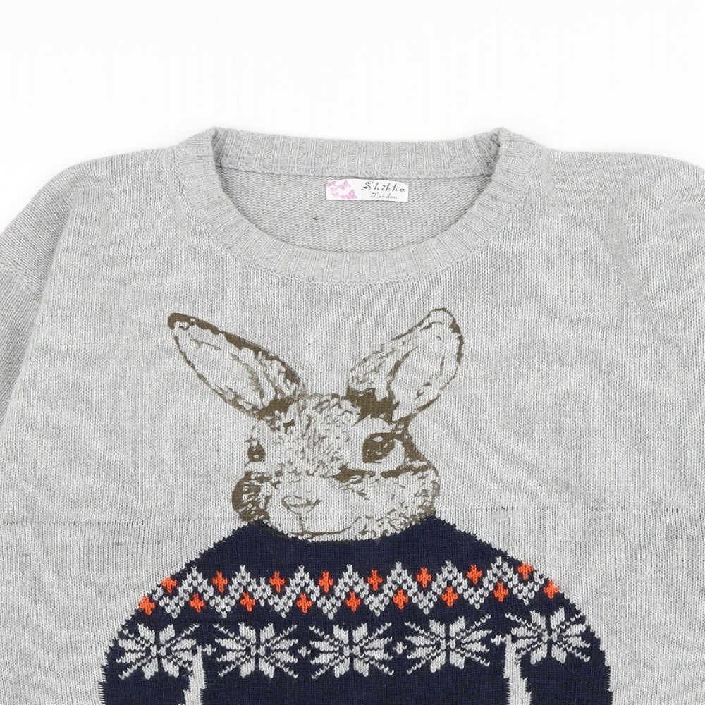 Shikha Mens Grey Round Neck Cotton Pullover Jumper Size M - Rabbit Christmas