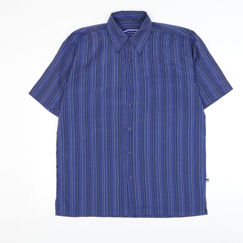 Innocenti Mens Blue Striped Polyester Button-Up Size M Collared Button