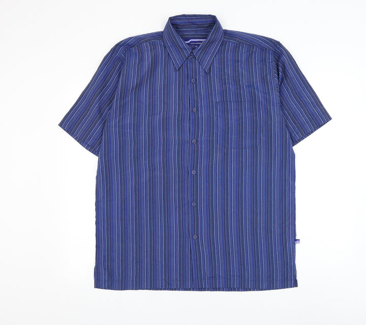 Innocenti Mens Blue Striped Polyester Button-Up Size M Collared Button