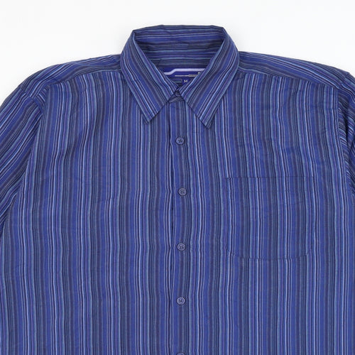 Innocenti Mens Blue Striped Polyester Button-Up Size M Collared Button