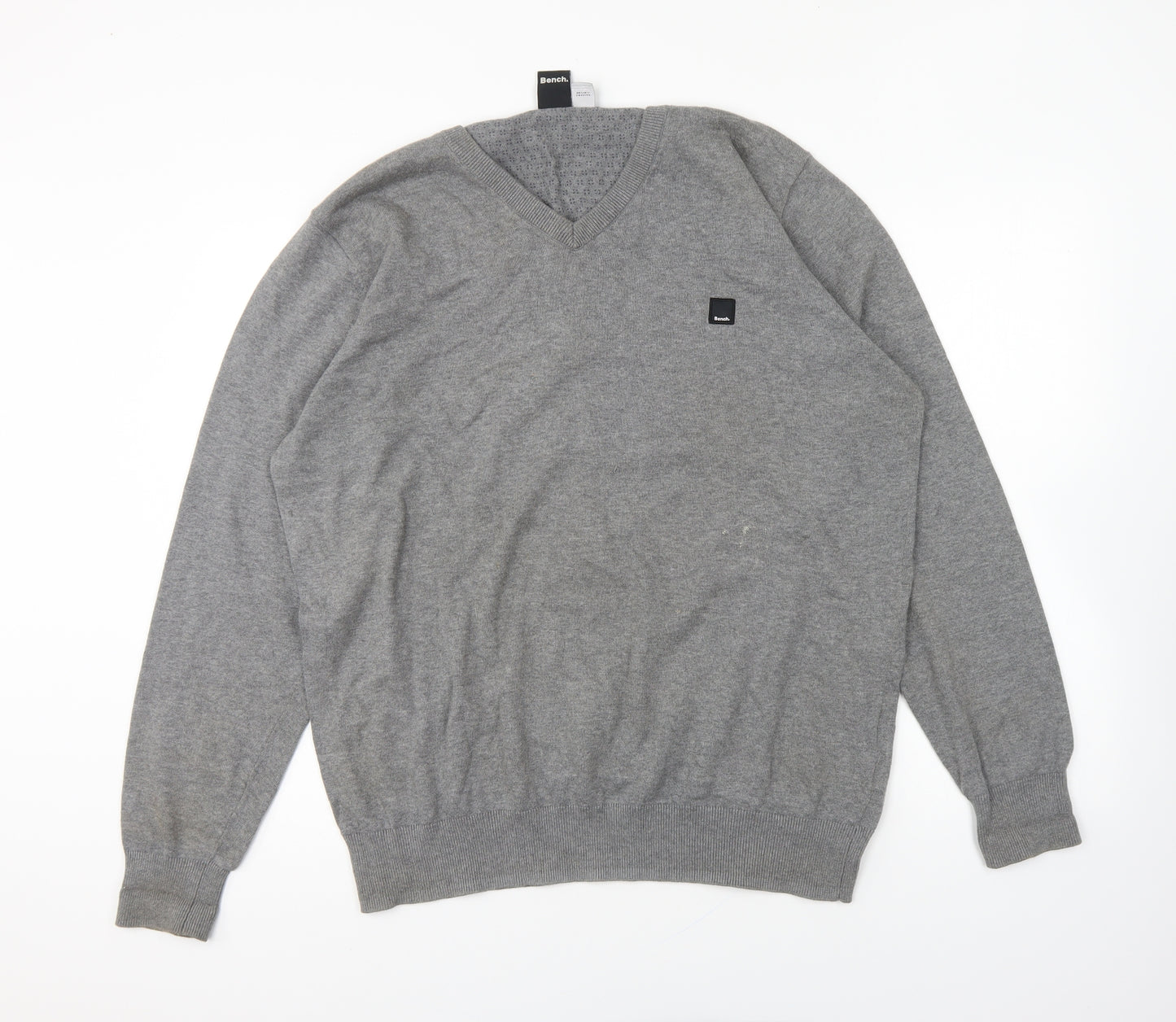 Bench Mens Grey V-Neck Cotton Pullover Jumper Size 2XL