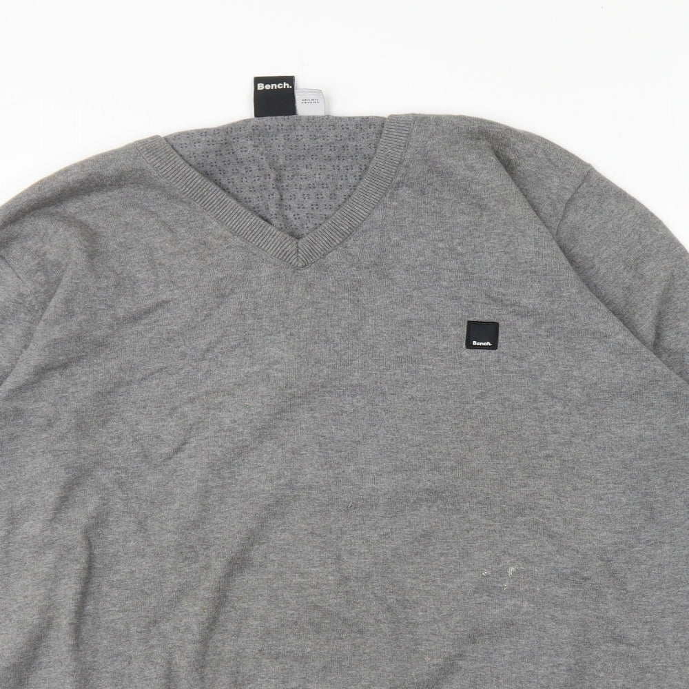 Bench Mens Grey V-Neck Cotton Pullover Jumper Size 2XL