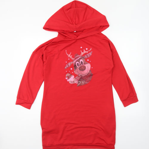 Preworn Girls Red Polyester Jumper Dress Size L Round Neck Pullover - Christmas Reindeer
