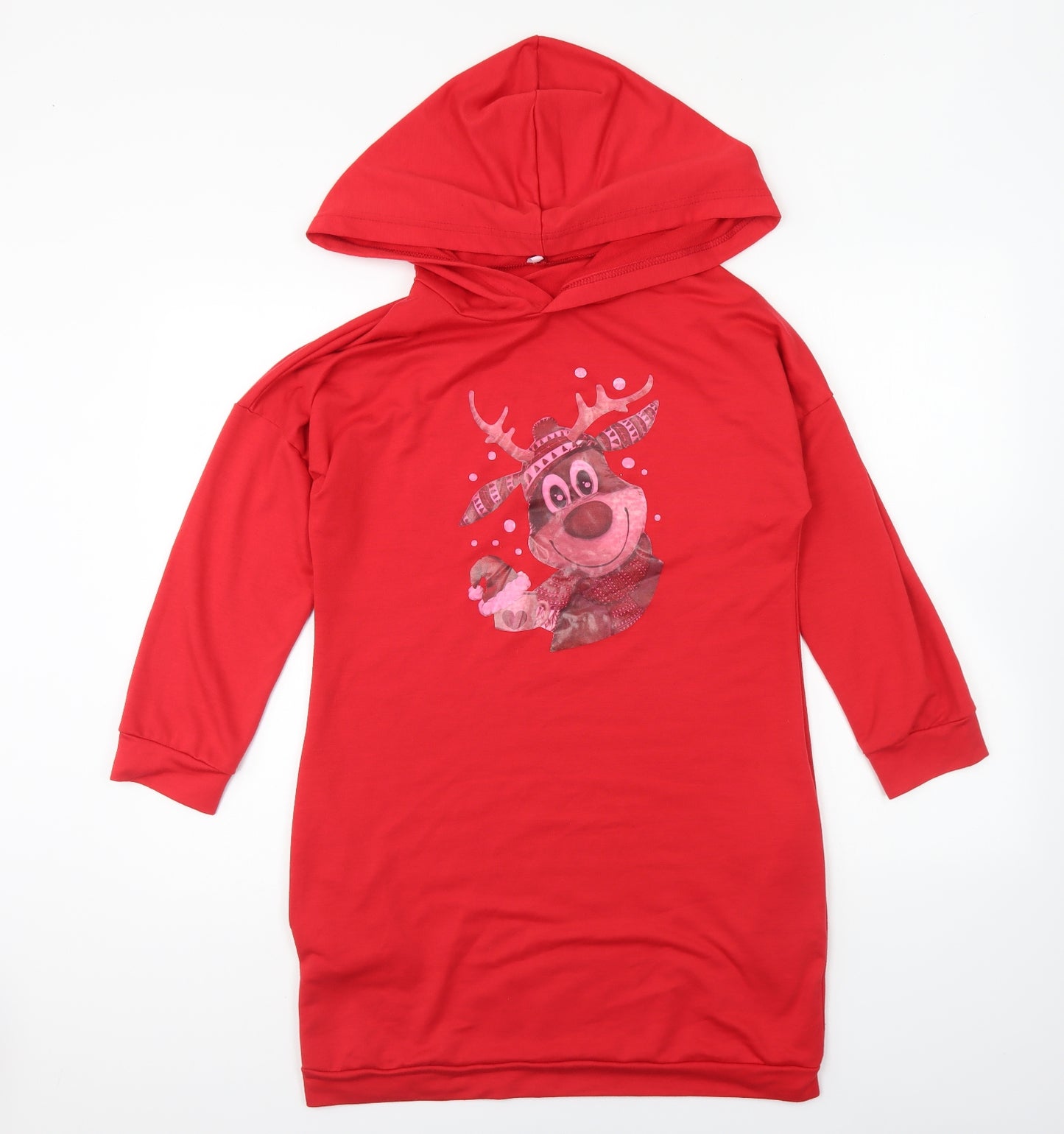 Preworn Girls Red Polyester Jumper Dress Size L Round Neck Pullover - Christmas Reindeer