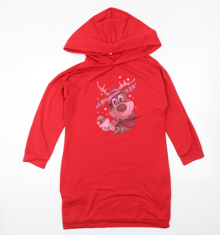 Preworn Girls Red Polyester Jumper Dress Size L Round Neck Pullover - Christmas Reindeer