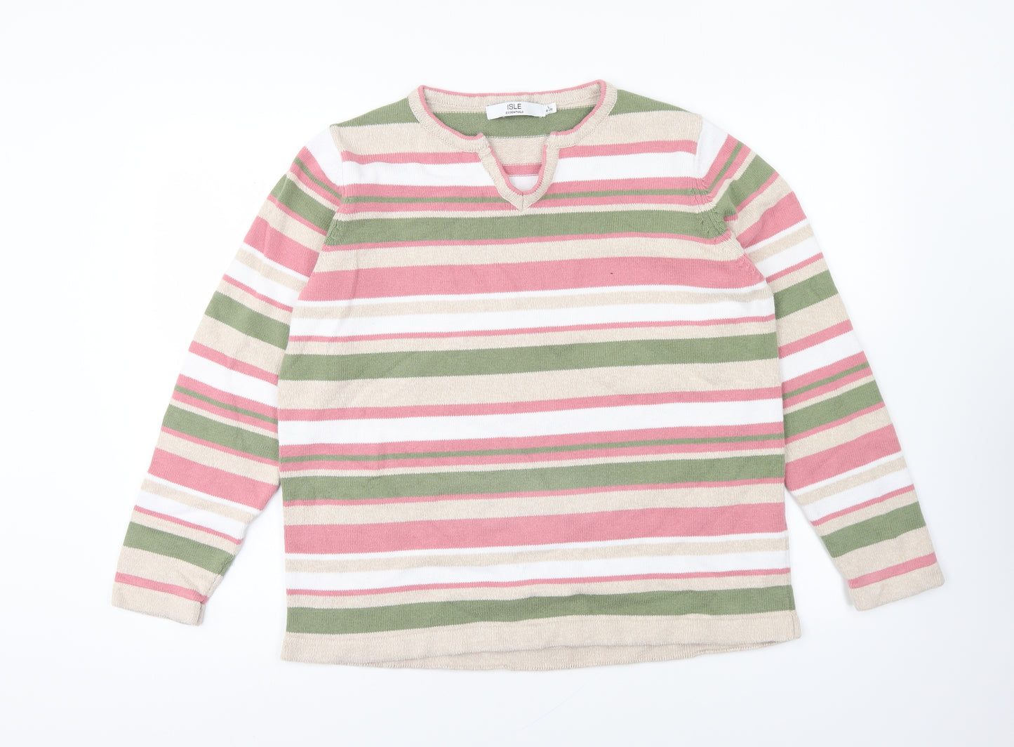 Isle Essentials Womens Multicoloured V-Neck Striped Cotton Pullover Jumper Size L