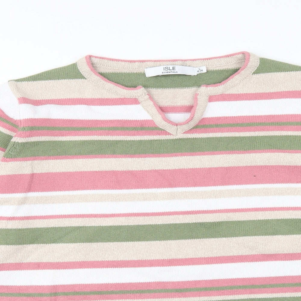 Isle Essentials Womens Multicoloured V-Neck Striped Cotton Pullover Jumper Size L
