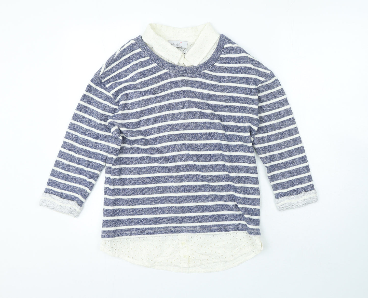 Per Una Womens Blue Collared Striped 100% Cotton Pullover Jumper Size 10