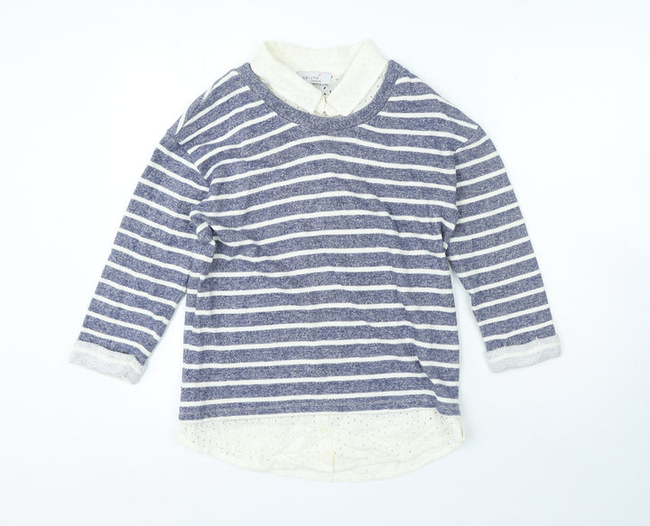 Per Una Womens Blue Collared Striped 100% Cotton Pullover Jumper Size 10