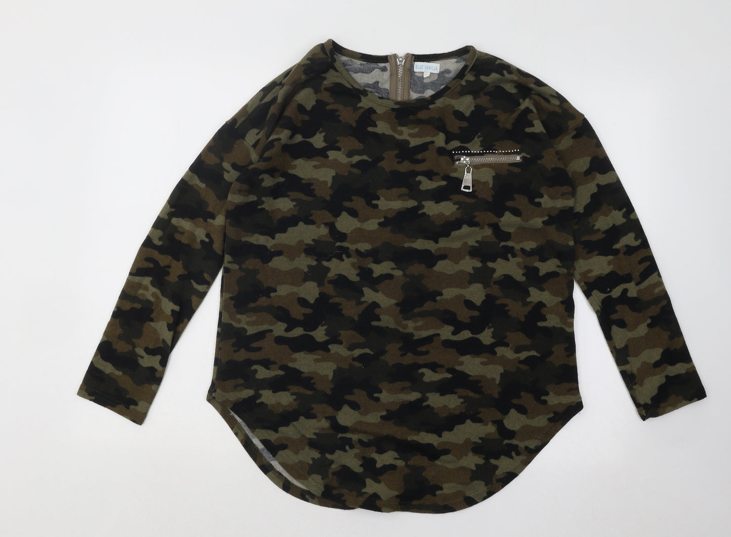 BLUE VANILLA Womens Green Round Neck Camouflage Acrylic Pullover Jumper Size S