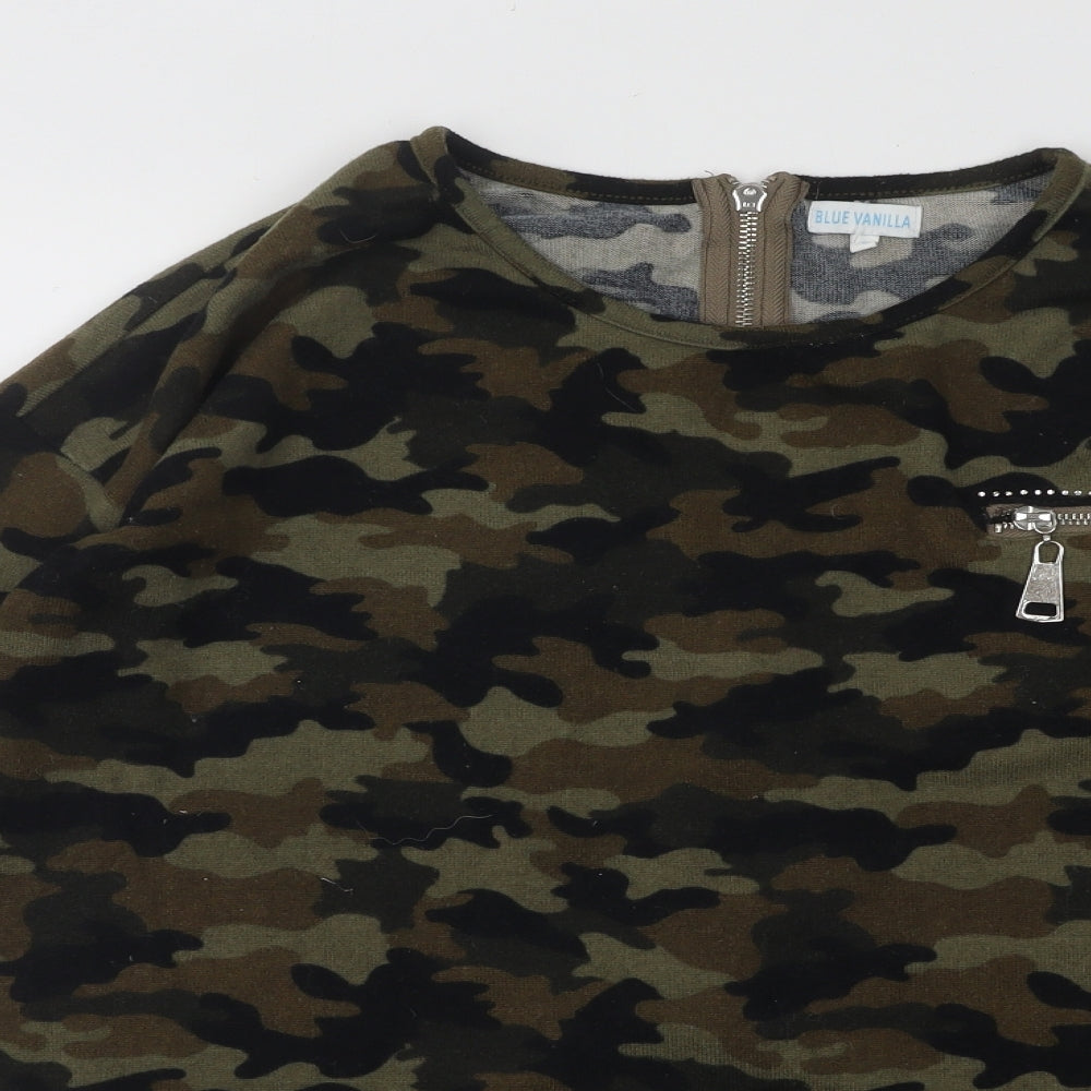 BLUE VANILLA Womens Green Round Neck Camouflage Acrylic Pullover Jumper Size S