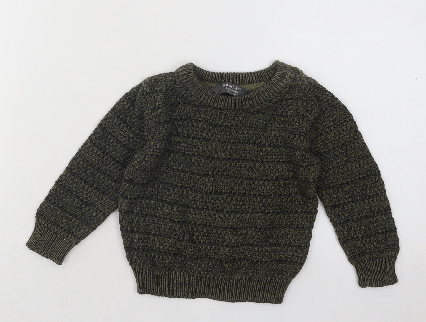 Primark Boys Green Striped Cotton Pullover Jumper Size 6-9 Months Button